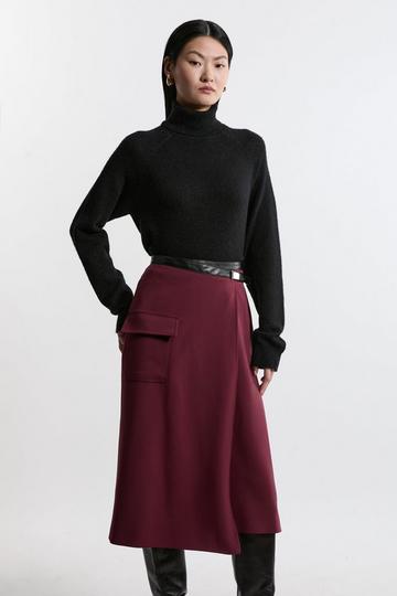 Compact Stretch Pu Tipped Wrap Midi Skirt merlot