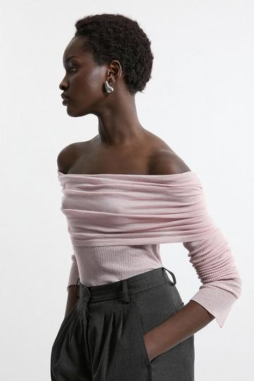 Premium Yarn Collection - Petite Merino Wool Bardot Fine Knit Sweater mauve