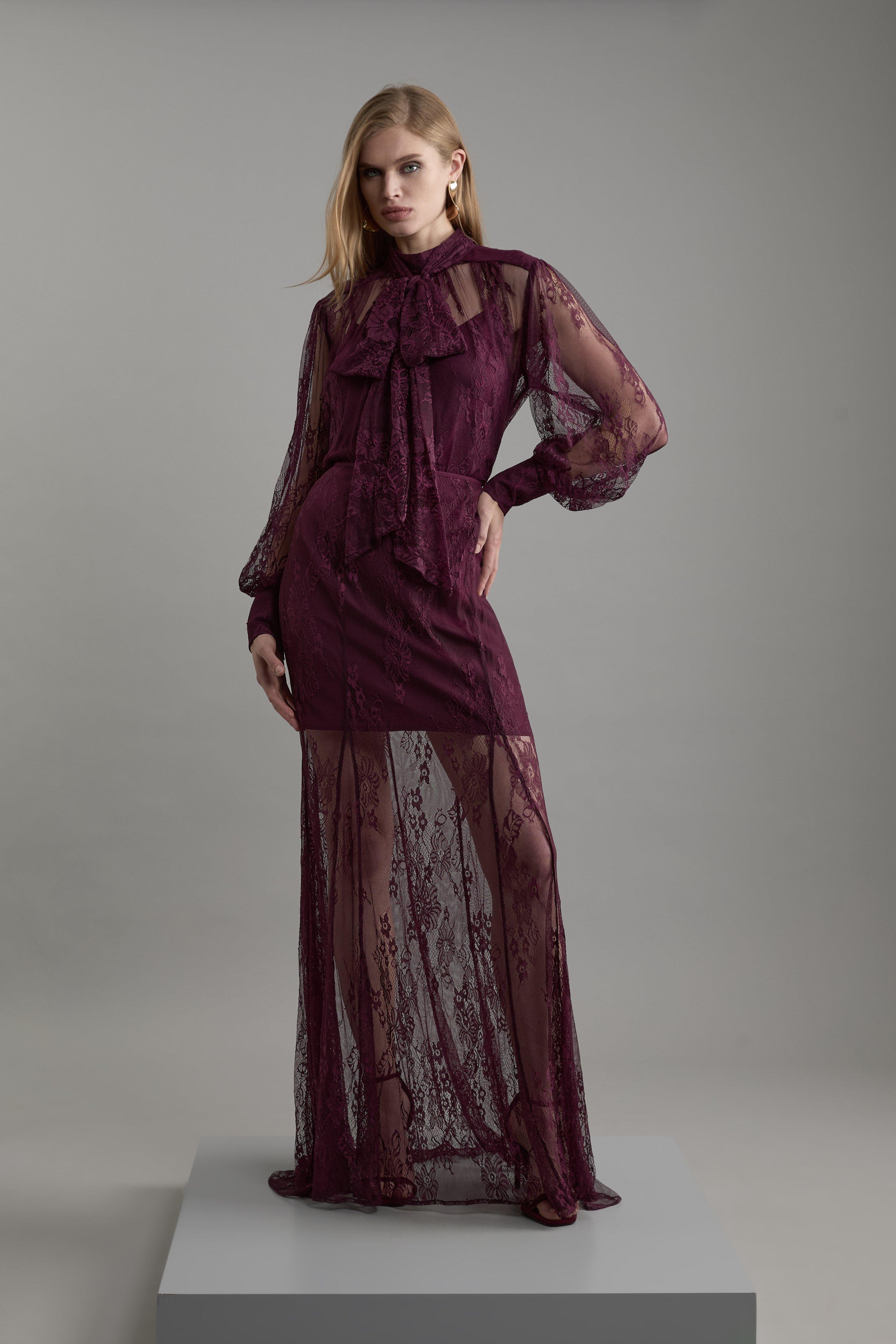 Wine Tall Sheer Lace Godet Woven Midi Skirt 