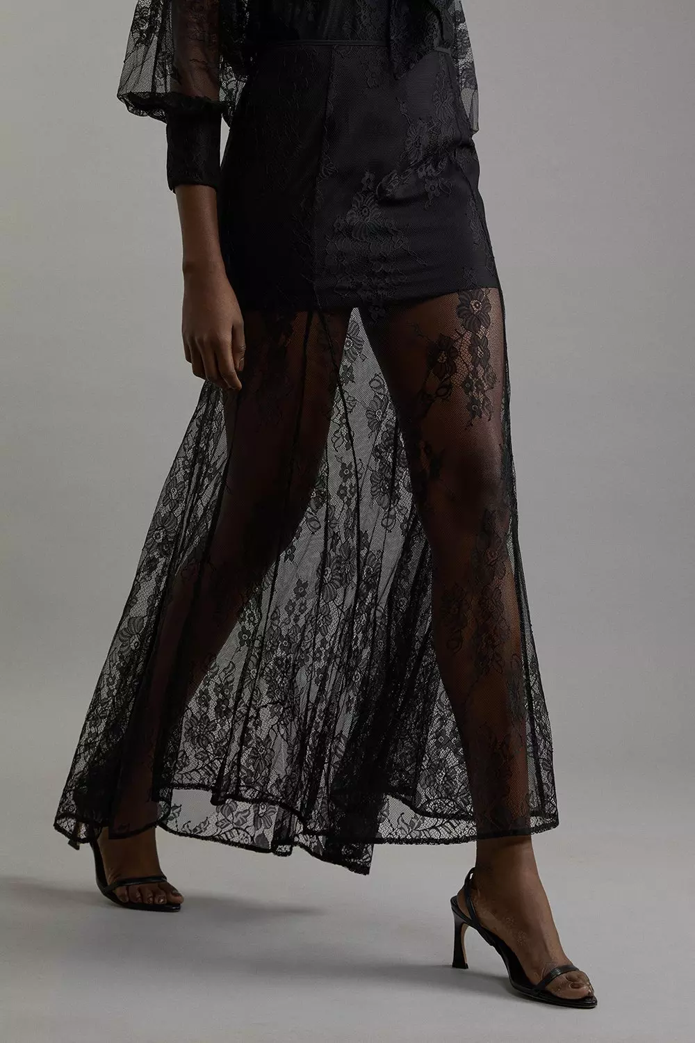 Sheer Lace Godet Woven Midi Skirt Karen Millen