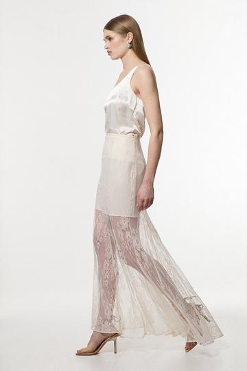 Sheer Lace Godet Woven Maxi Skirt ivory