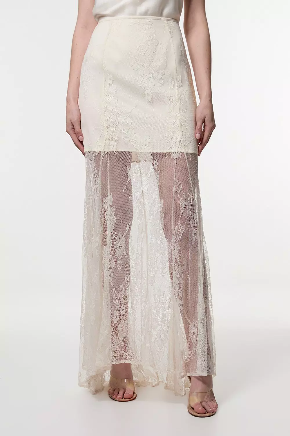 Sheer Lace Godet Woven Maxi Skirt | Karen Millen