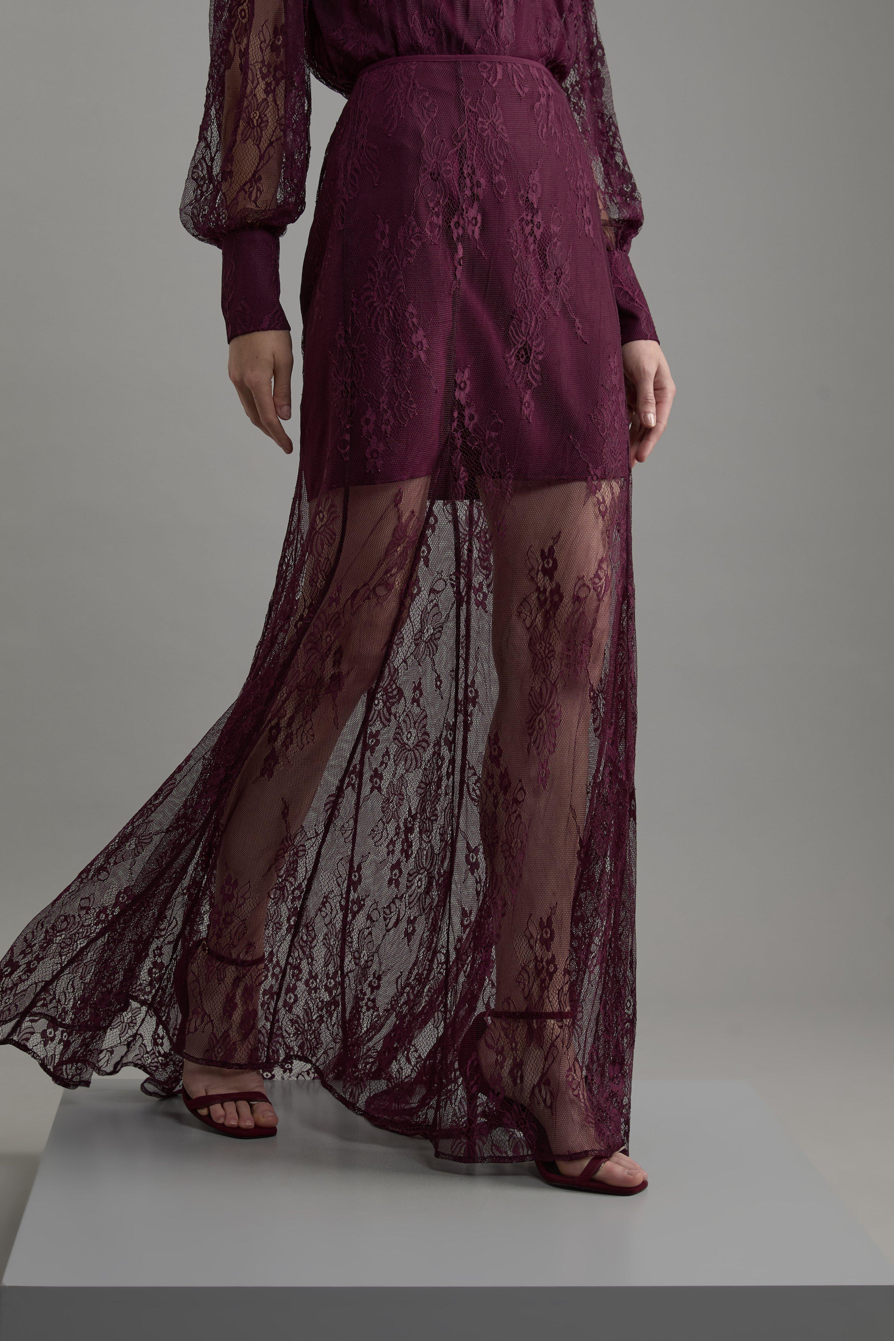 Wine Sheer Lace Godet Woven Midi Skirt