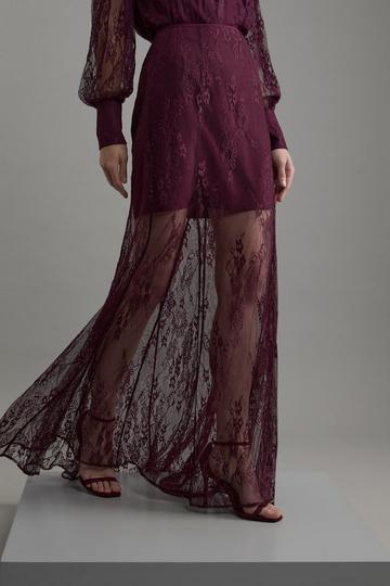 Sheer Lace Godet Woven Midi Skirt wine