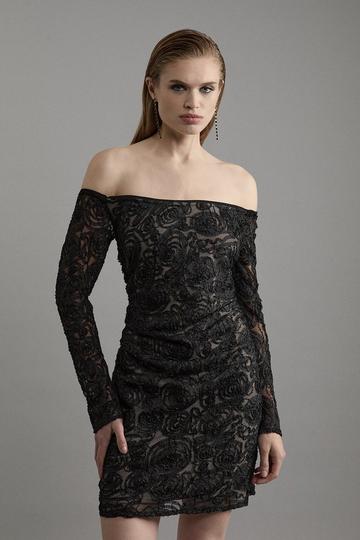 Beaded Textured Lace Woven Mini Dress black