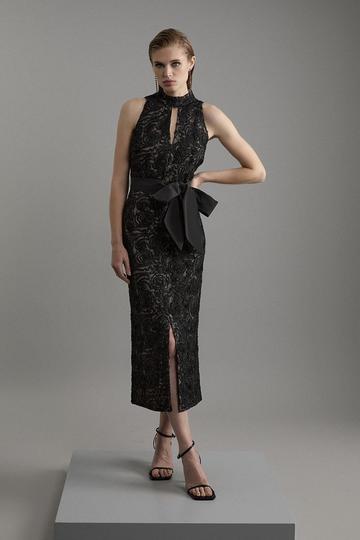 Black Petite Beaded Textured Lace Halter Woven Maxi Dress