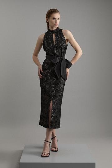 Black Beaded Textured Lace Halter Woven Maxi Dress