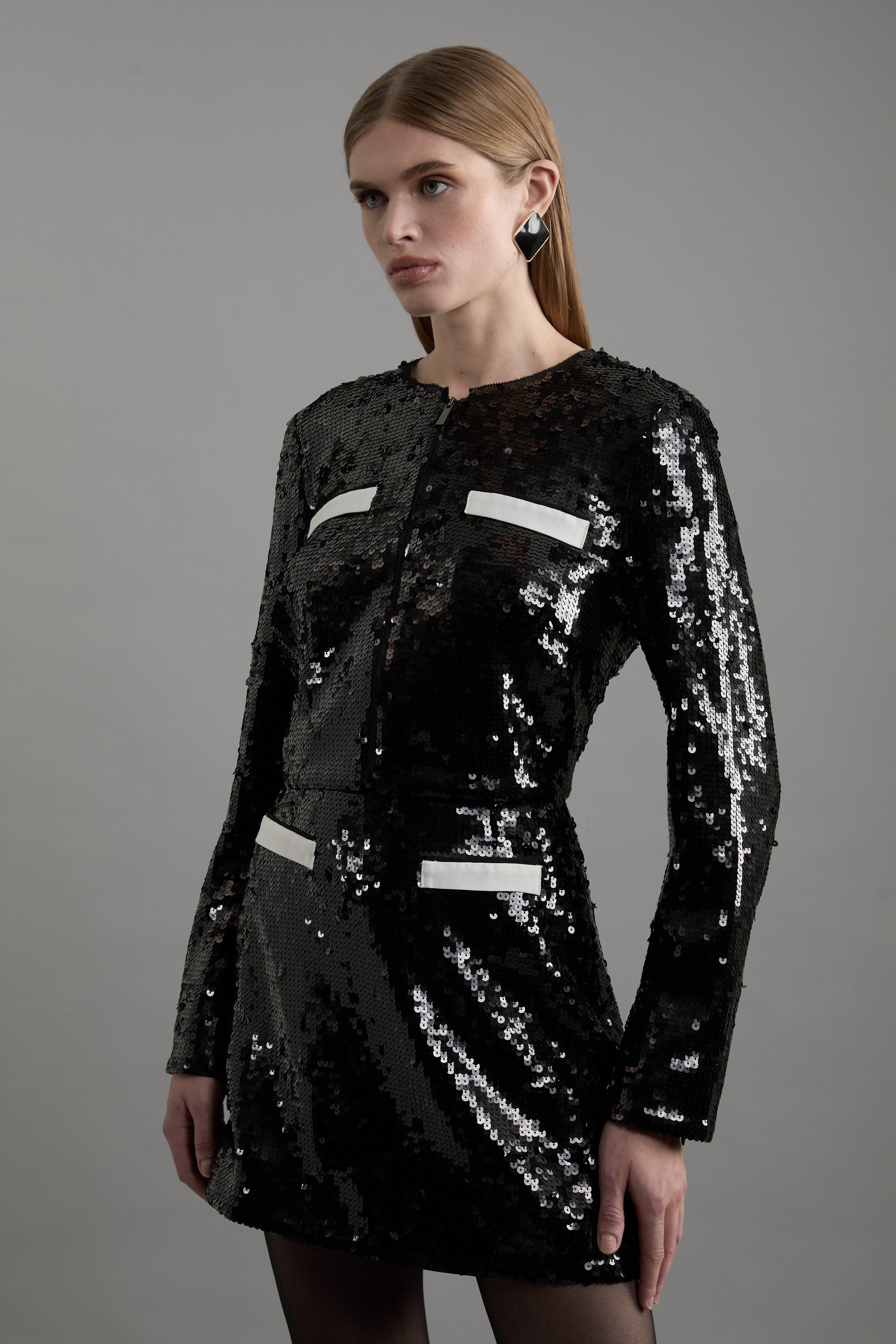 Black Sequin And Viscose Satin Jacket With Pocket Detail