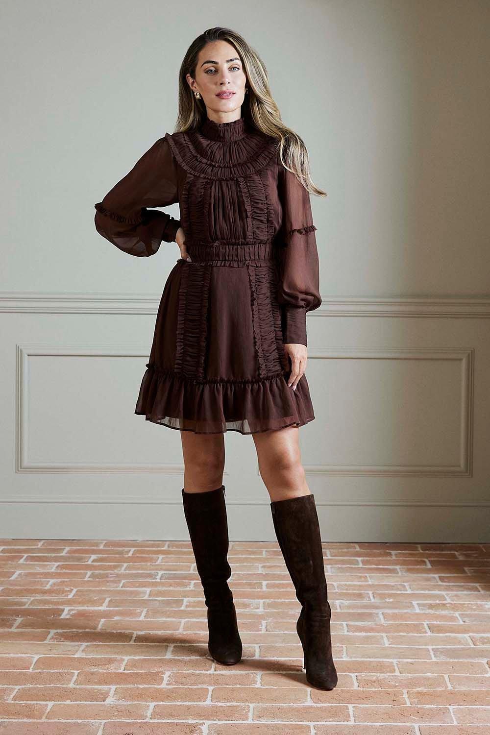 Choc brown Lydia Millen Petite Pleat Crinkle High Neck Drama Sleeve Woven Mini Dress  