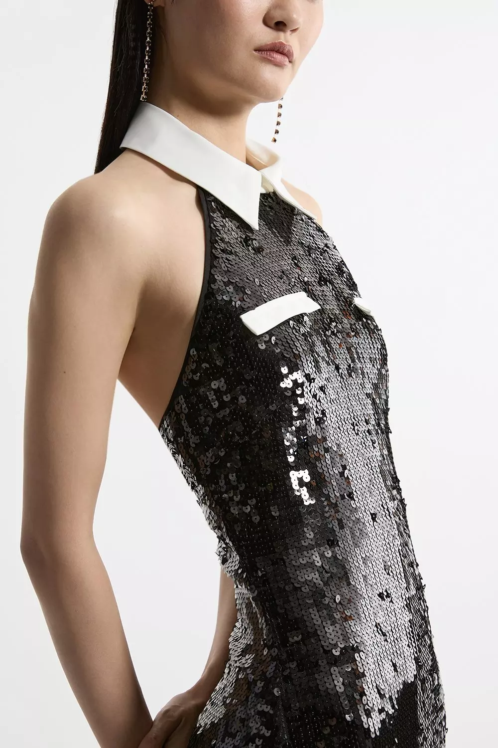 Black Sequin And Viscose Satin Collar Detail Mini Dress alternative image