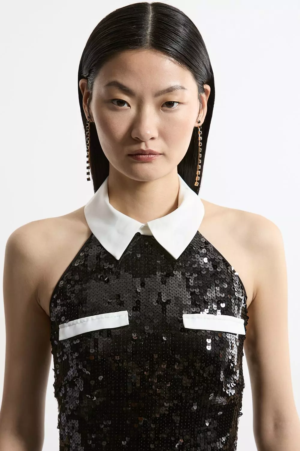 Black Sequin And Viscose Satin Collar Detail Mini Dress alternative image