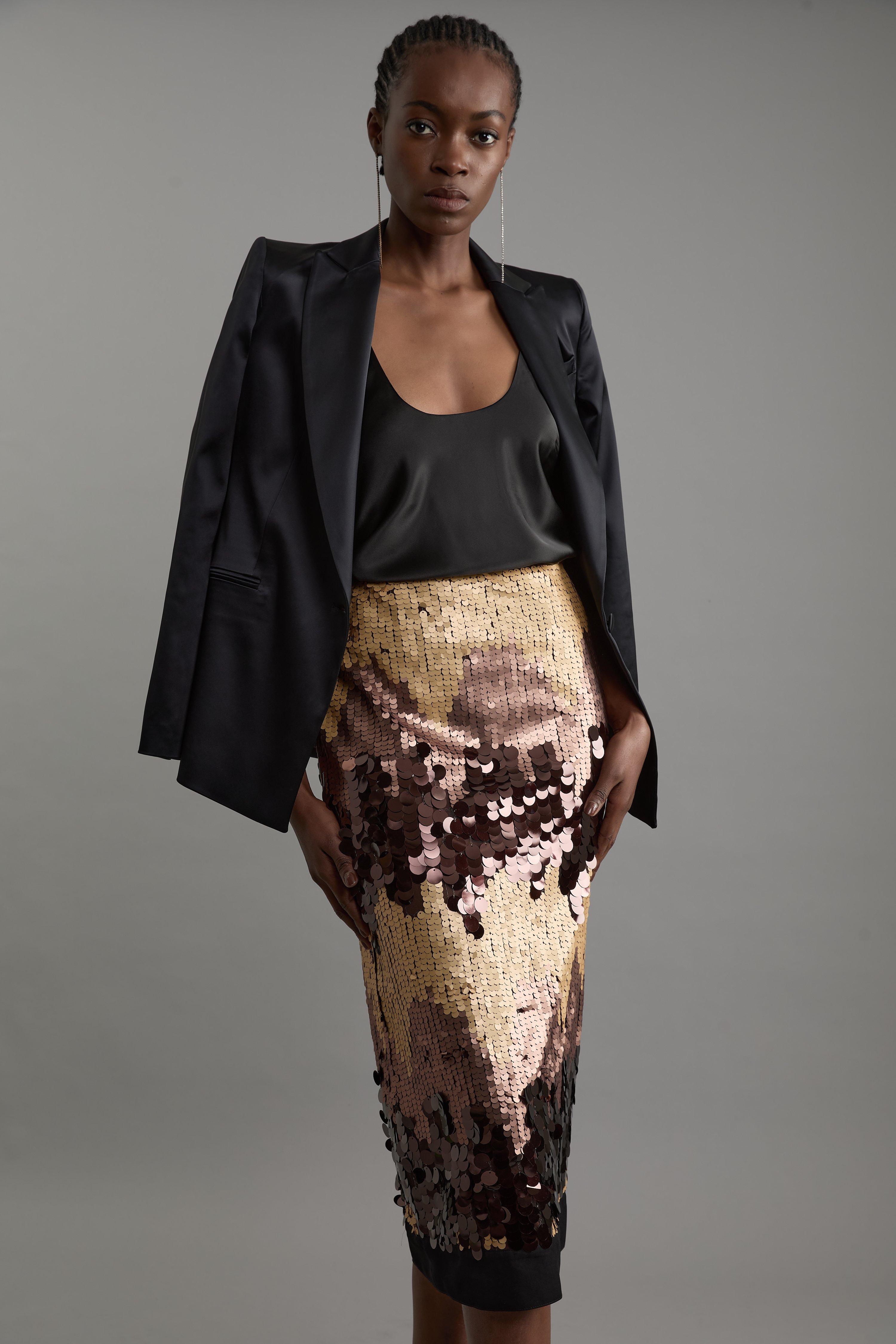 Sequin Georgette Panelled Woven Midaxi Skirt Karen Millen