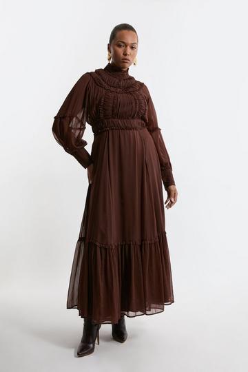 Brown Lydia Millen Plus Size Pleat Crinkle High Neck Drama Sleeve Woven Midaxi Dress