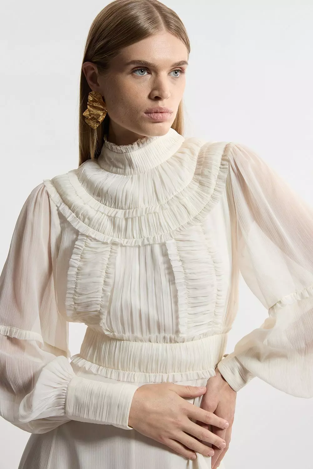 Lydia Millen Petite Pleat Crinkle High Neck Drama Sleeve