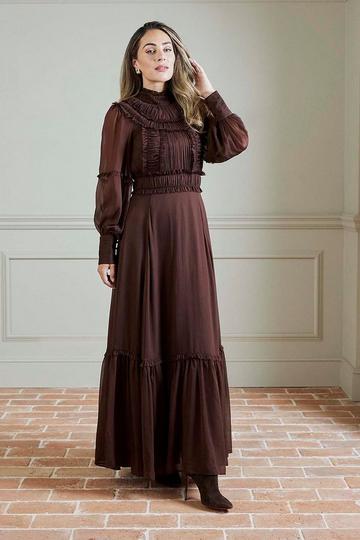 Lydia Millen Pleat Crinkle High Neck Drama Sleeve Woven Midaxi Dress choc brown