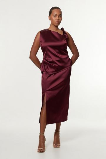 Plus Size Italian Satin Asymmetrical Tailored Fitted Maxi Dress merlot