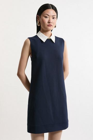 Petite Compact Stretch Tailored Collared Sleeveless Dress navy