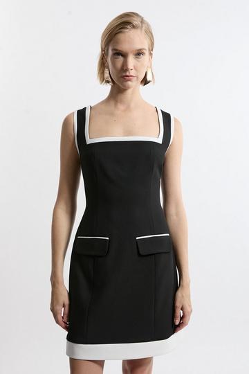 Black Compact Stretch Contrast Tipped Tailored Midi Dress