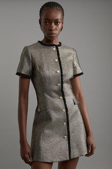 Gold Metallic Jacquard Tailored Mini Dress