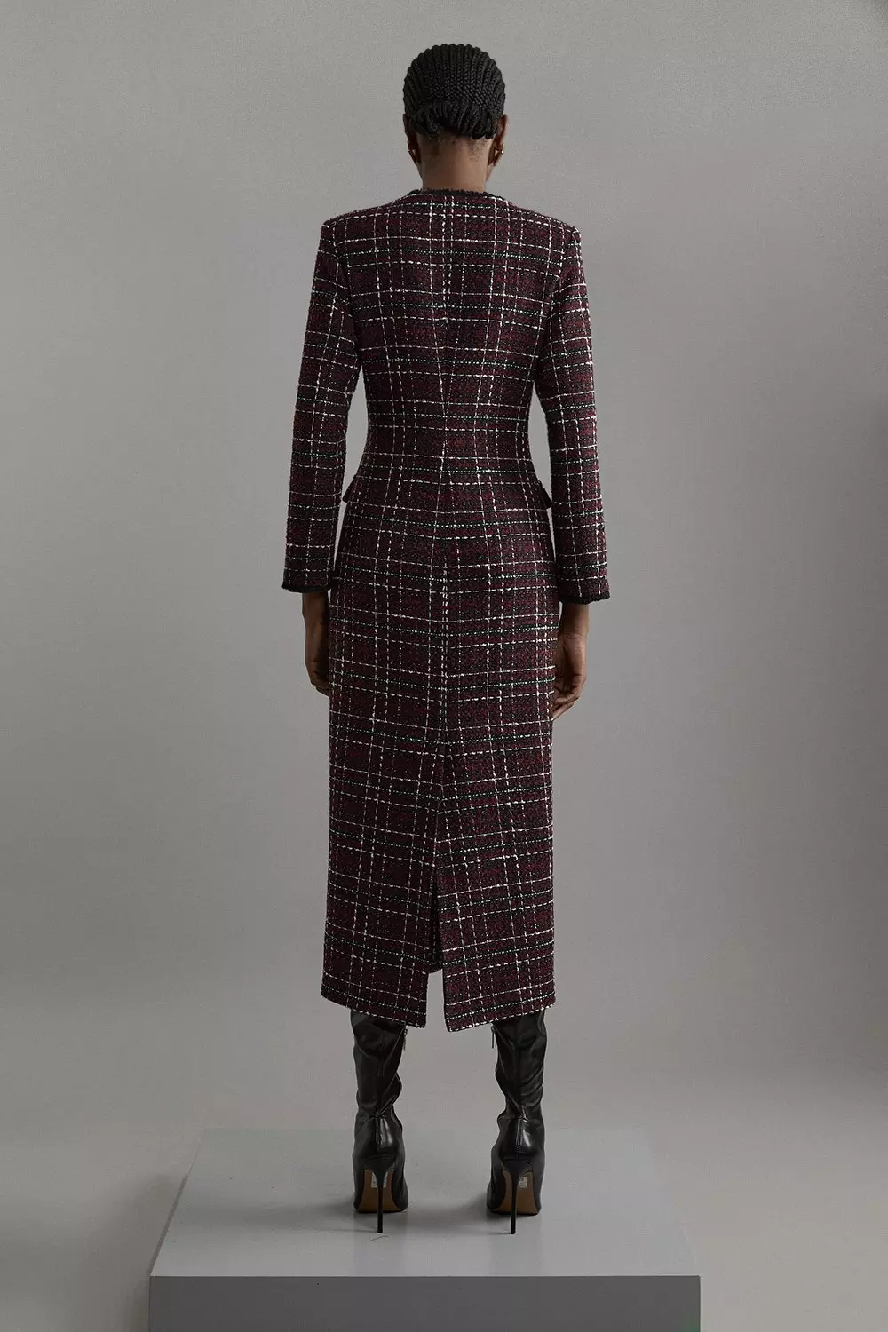 【KAREN MILLEN】クリスタル スカラップ バルドー ミダクシ Sparkle Boucle Check Tailored Sleeved Maxi Dress | Karen Millen
