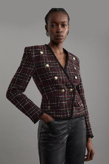 Wool Mix Check Boucle Tailored Blazer merlot