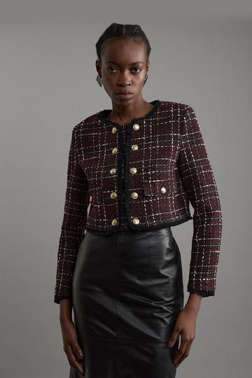 Wool Mix Check Boucle Tailored Cropped Jacket merlot