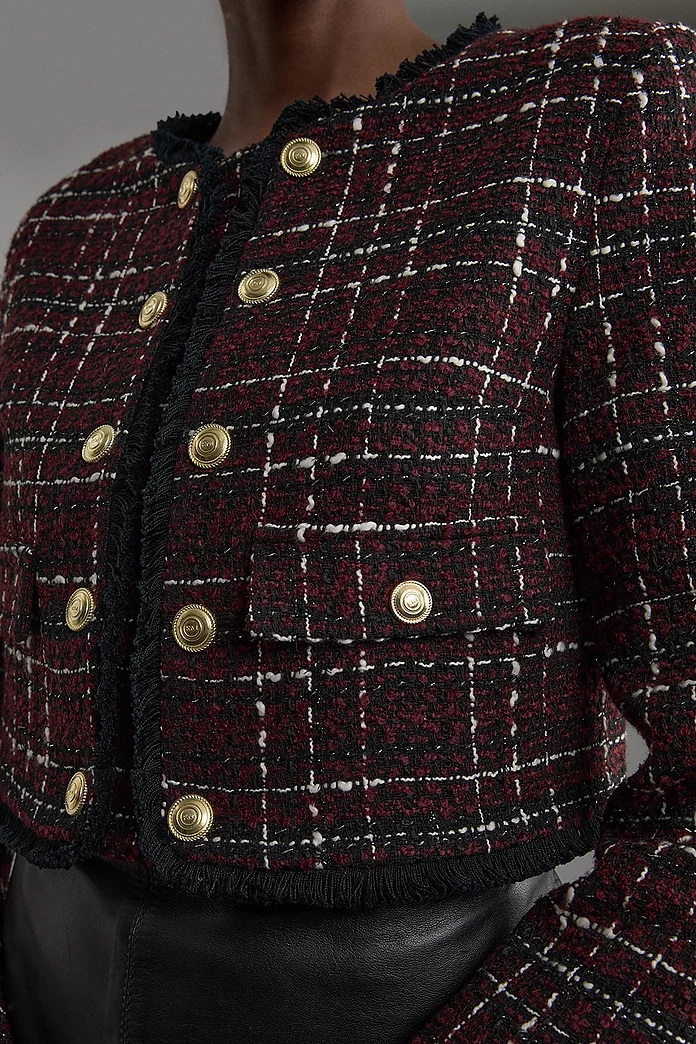 Wool Mix Check Boucle Tailored Cropped Jacket | Karen Millen Wool Mix Check Boucle Tailored Cropped Jacket | Karen Millen