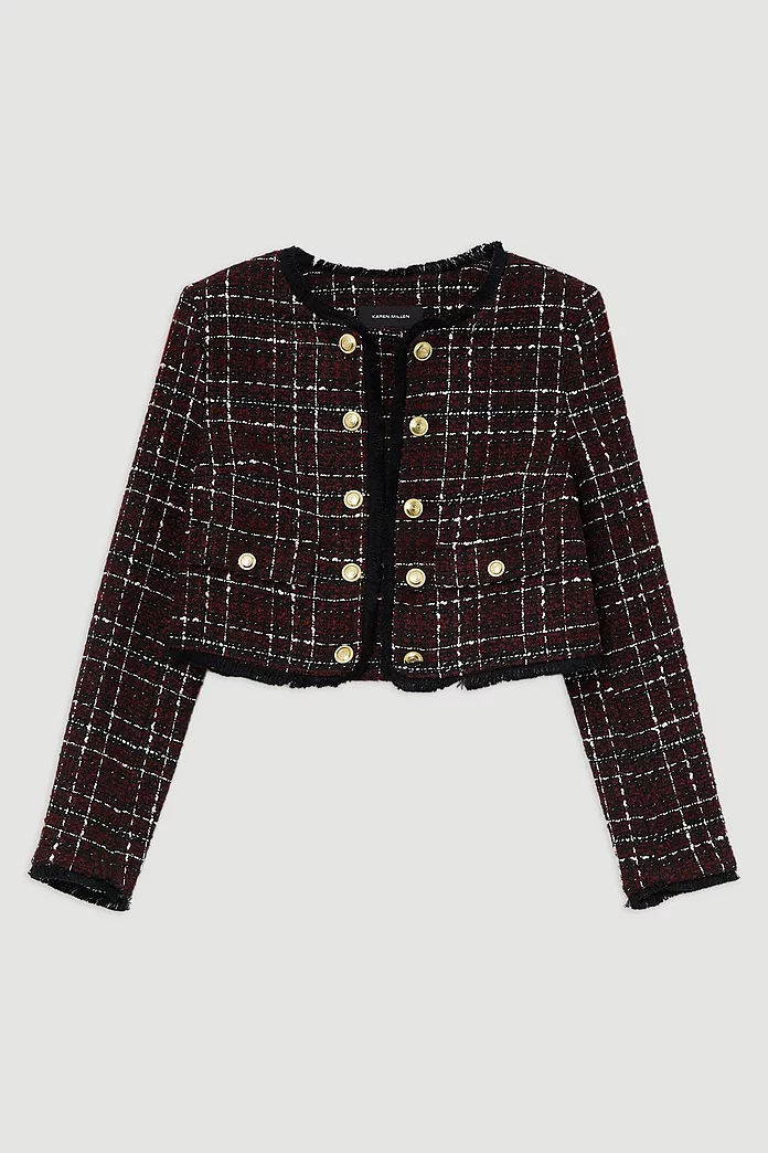 Wool Mix Check Boucle Tailored Cropped Jacket | Karen Millen Wool Mix Check Boucle Tailored Cropped Jacket | Karen Millen