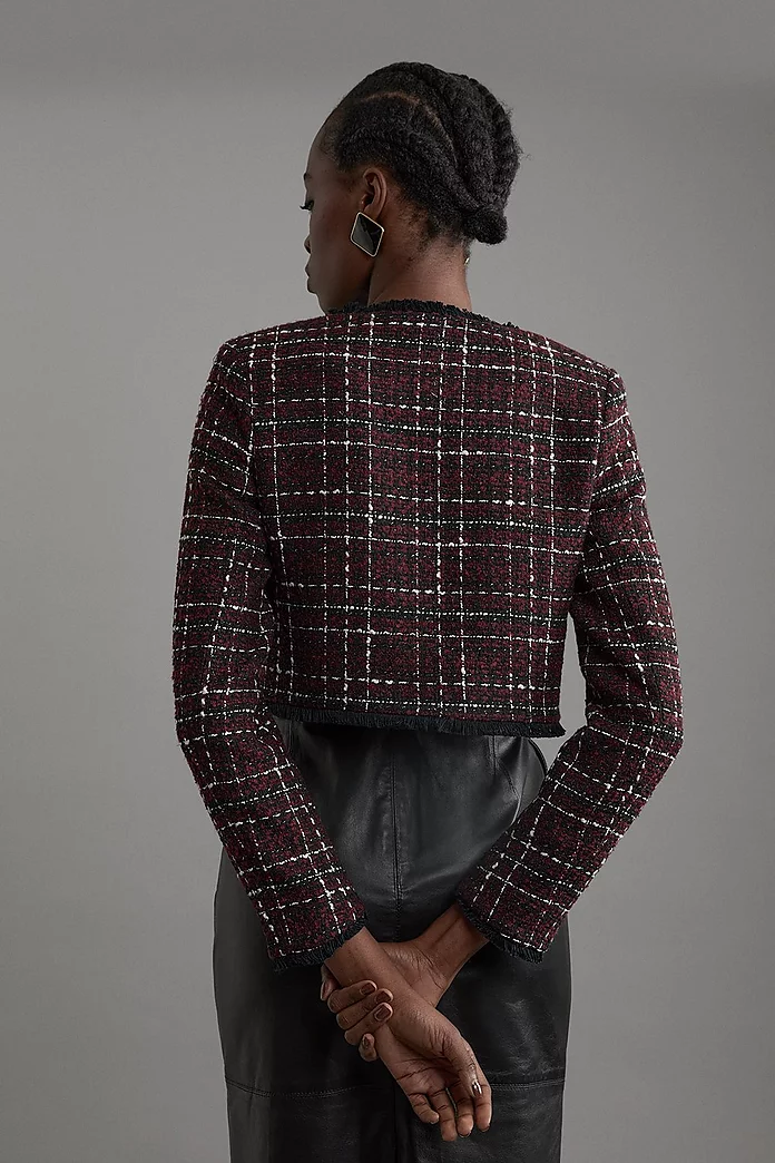 Wool Mix Check Boucle Tailored Cropped Jacket | Karen Millen Wool Mix Check Boucle Tailored Cropped Jacket | Karen Millen