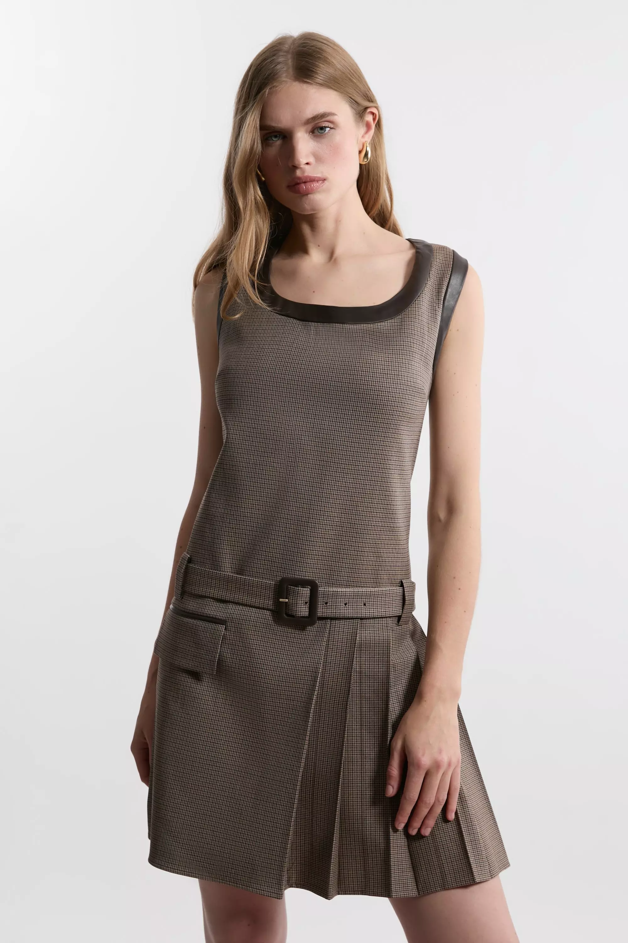 Check With Pu Trim Pleated Tailored Mini Dress | Karen Millen
