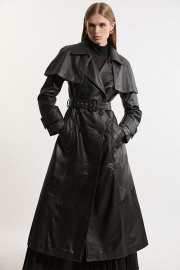 Black Leather Cape Detail Trench Coat