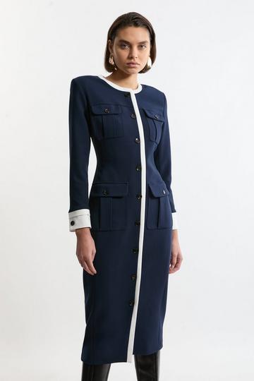 Compact Stretch Contrast Tipped Tailored Maxi Dress navy