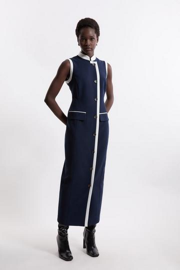 Formal Tailored Compact Stretch Sleeveless Fitted Maxi Dress navy