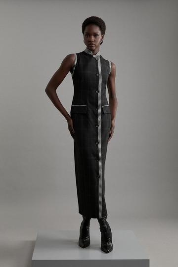 Wool Mix Contrast Check Sleeveless Tailored Maxi Dress multi