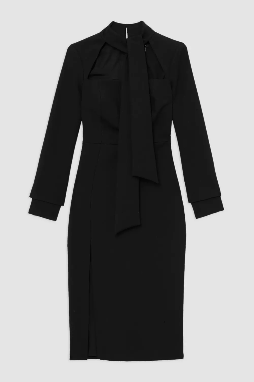 Compact Stretch Tailored Tie Neck Pencil Midi Dress | Karen