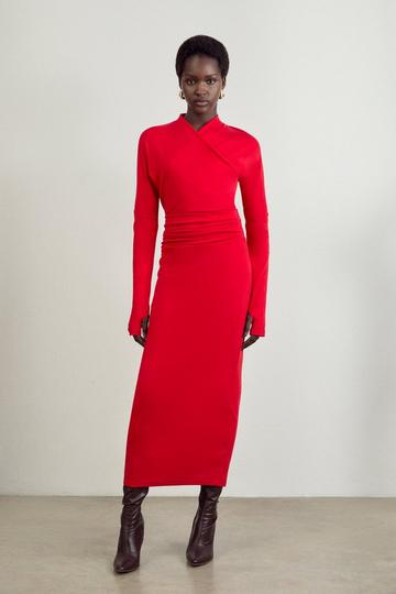 Red The Founder Soft Touch Jersey Asymmetric Neck Midi Dress