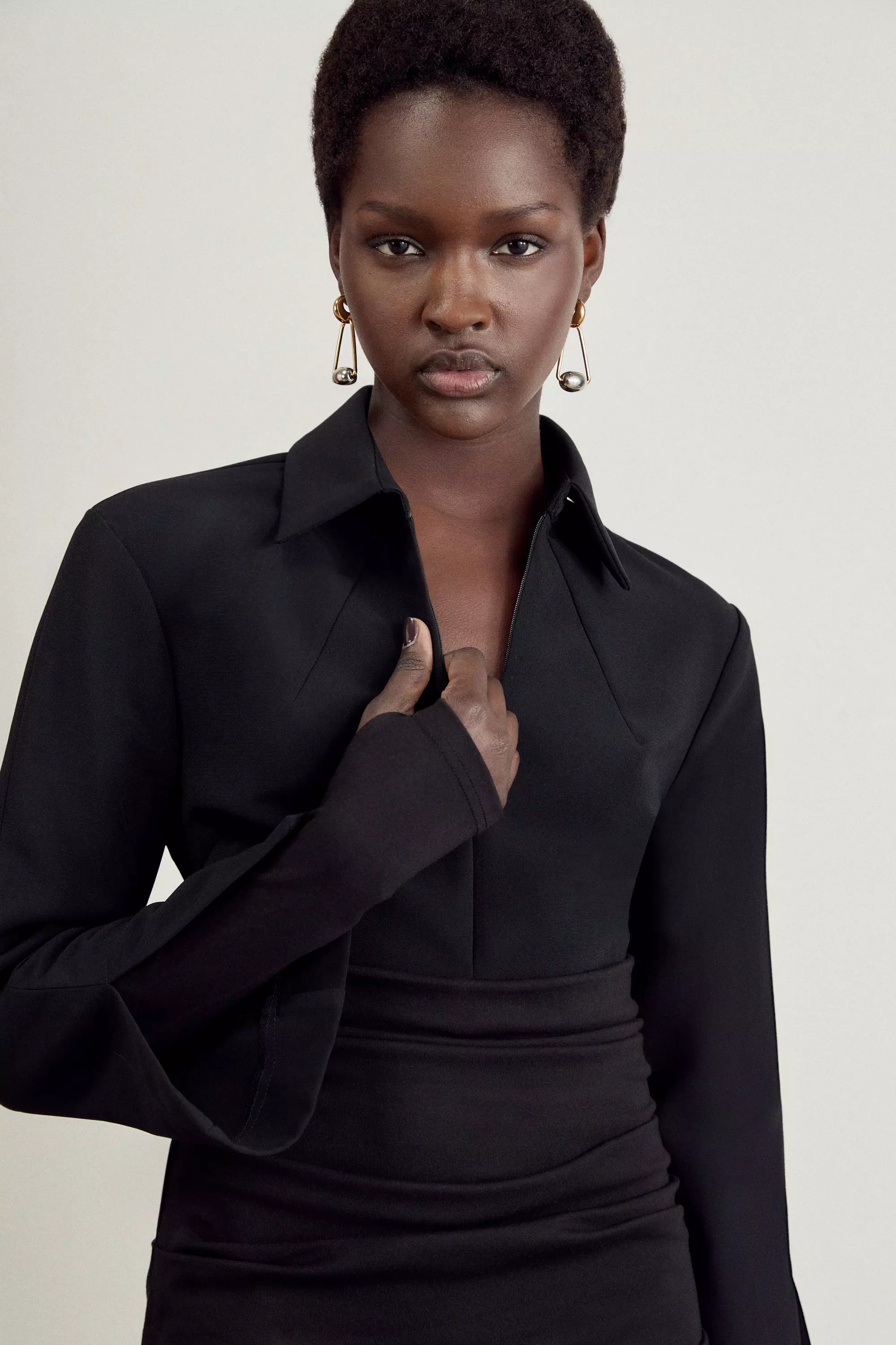 The Founder Soft Touch Jersey Ruched Detail Collard Midi