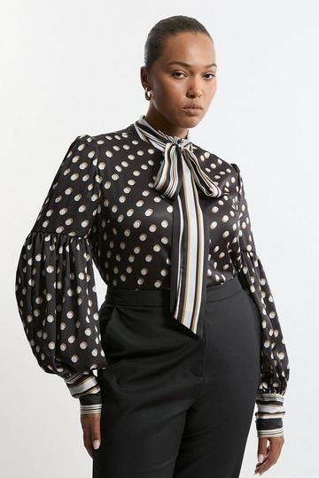 Plus Size Polka Dot Woven Balloon Sleeve Blouse mono