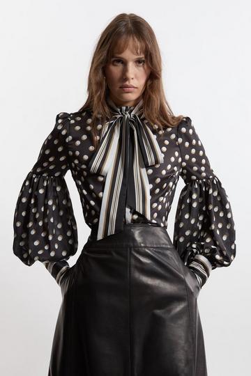 Polka Dot Woven Balloon Sleeve Blouse mono