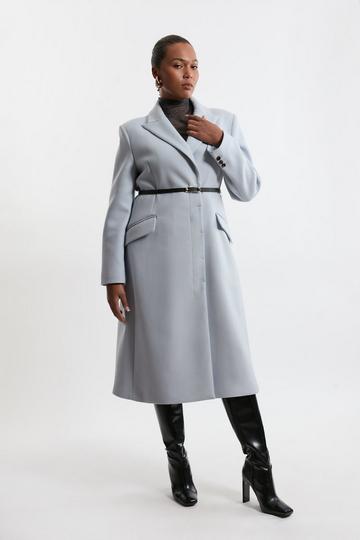 Plus Size Premium Italian Manteco Wool Single Breasted Belted Tailored Maxi Coat pale blue