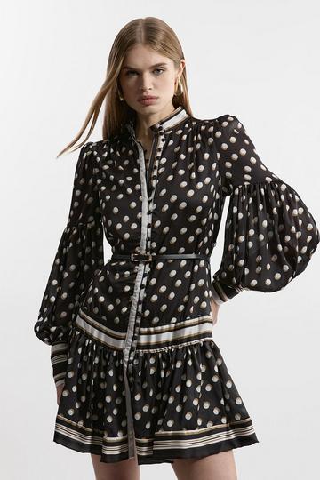 Polka Dot Woven Balloon Sleeve Belted Mini Dress mono