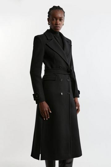 Black Premium Italian Manteco Wool Double Breasted Belted Tailored Midaxi Coat