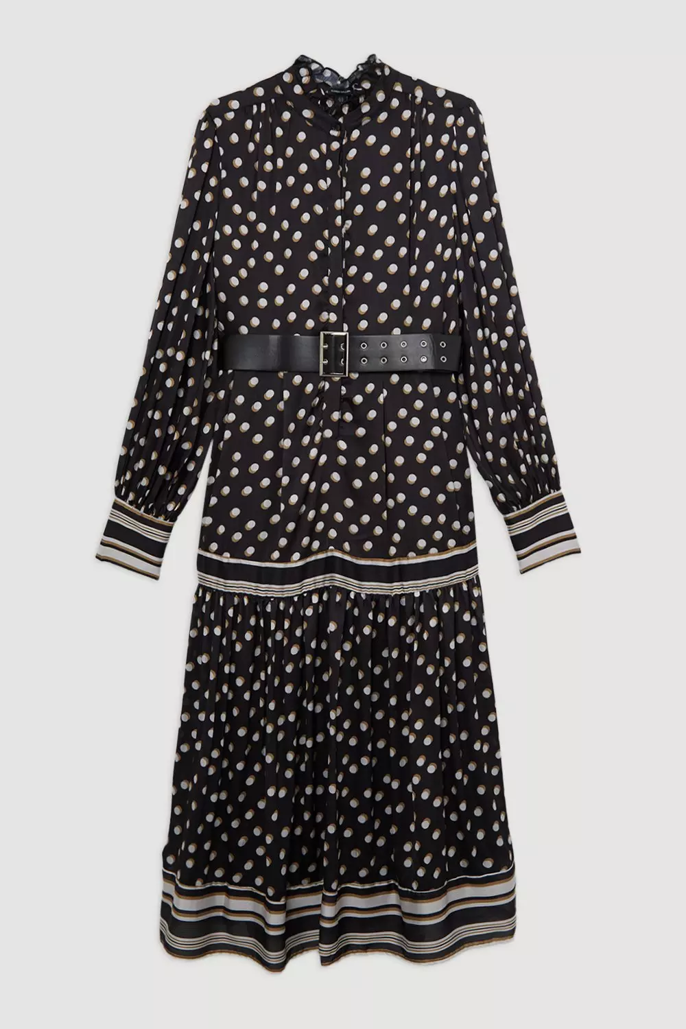 Plus Size Polka Dot Woven Balloon Sleeve Belted Maxi Dress