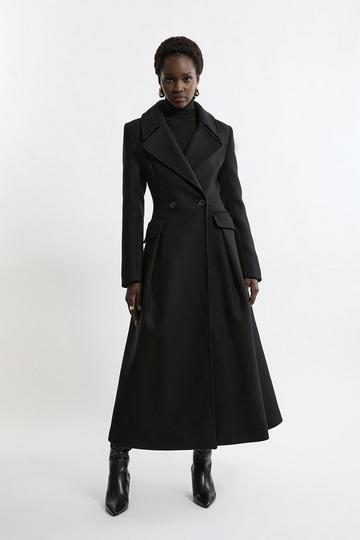 Black Premium Italian Manteco Wool Tailored Flared Skirt Midaxi Coat