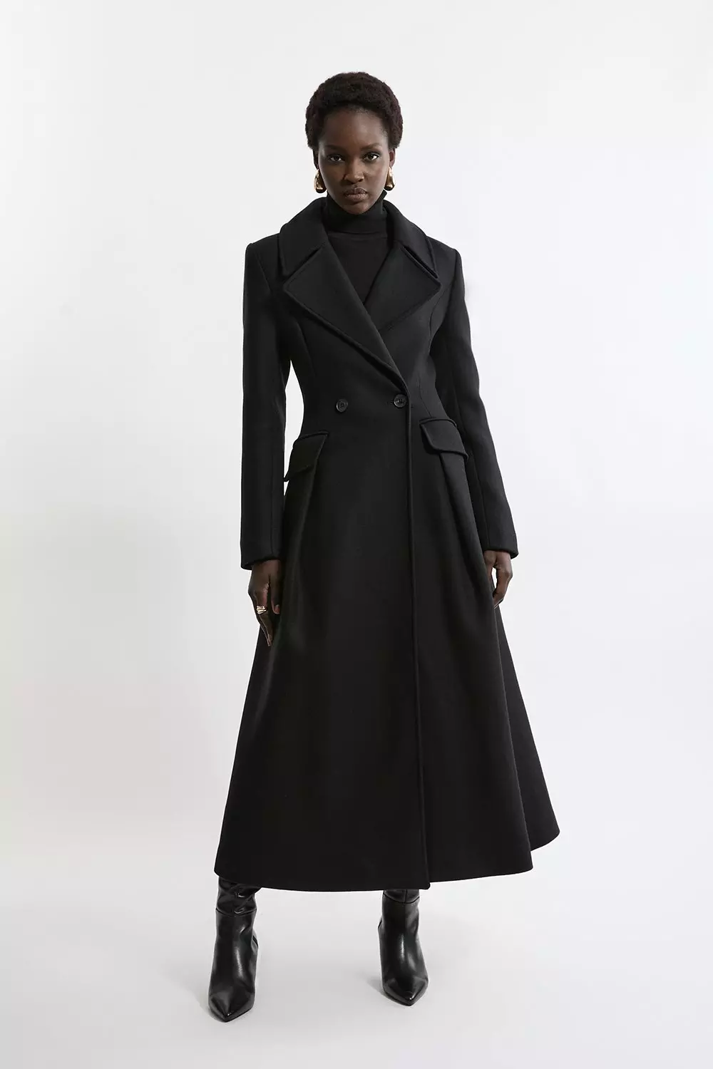 【美品】semoh” Italian Wool Old Coat Black” Italian Manteco Wool Blend Double Breasted Tailored Midi