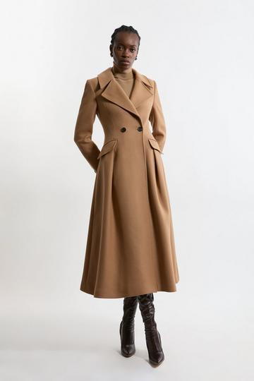 Premium Italian Manteco Wool Tailored Flared Skirt Midaxi Coat camel