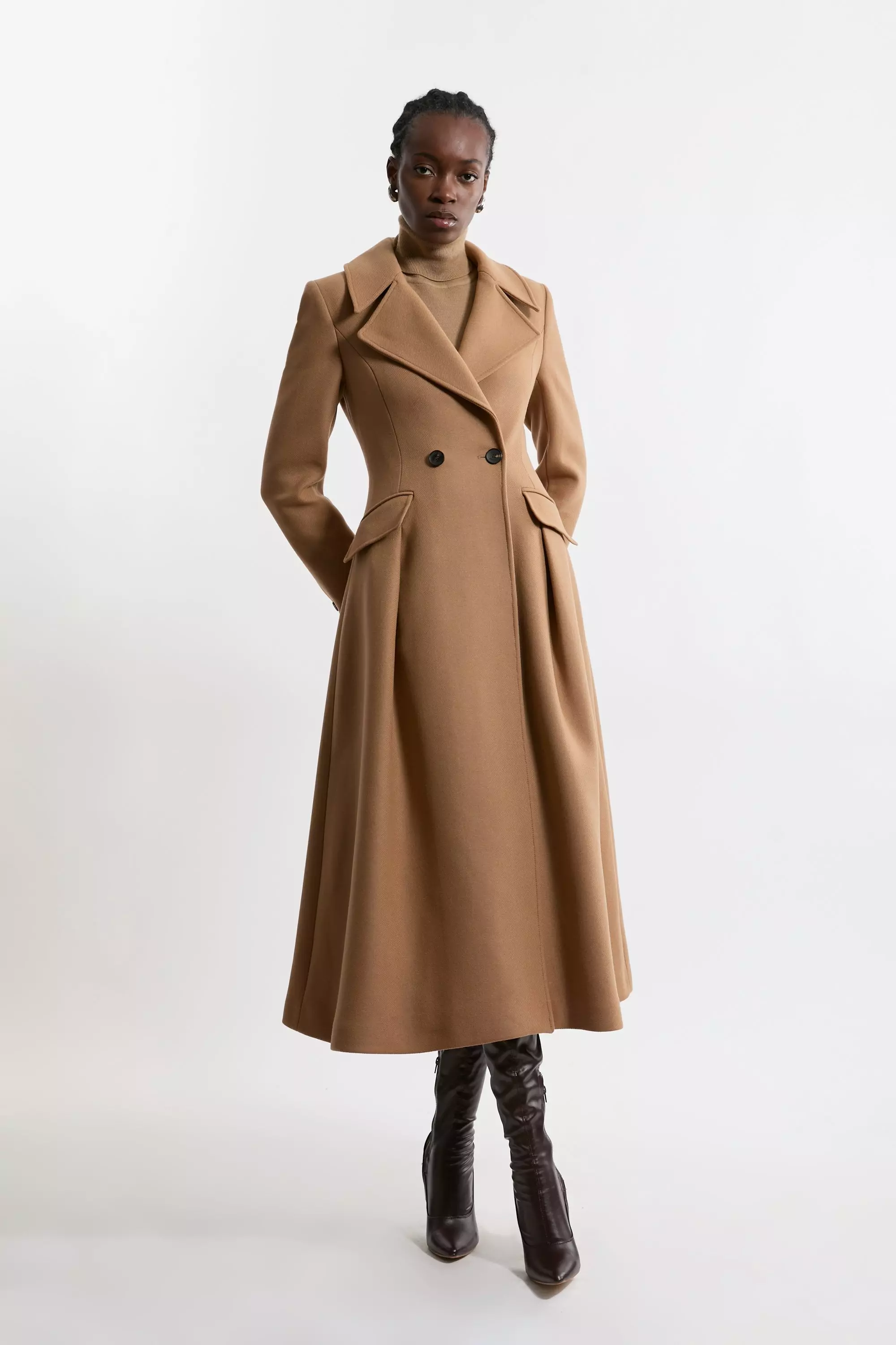 Camel Petite Premium Italian Manteco Wool Tailored Flared Skirt Maxi Coat alternative image