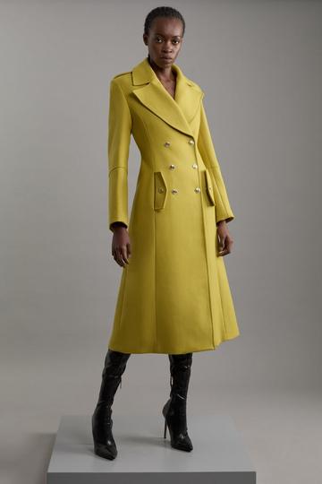 Tall Premium Italian Manteco Wool Military Double Breasted Tailored Midaxi Coat mustard