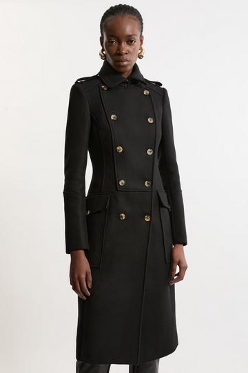 Black Tall Premium Italian Manteco Wool Military Tailored Midi Coat