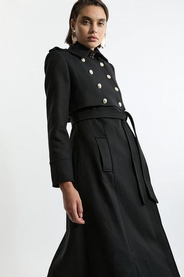 Black Premium Italian Manteco Wool Military Shelf Tailored Midaxi Coat